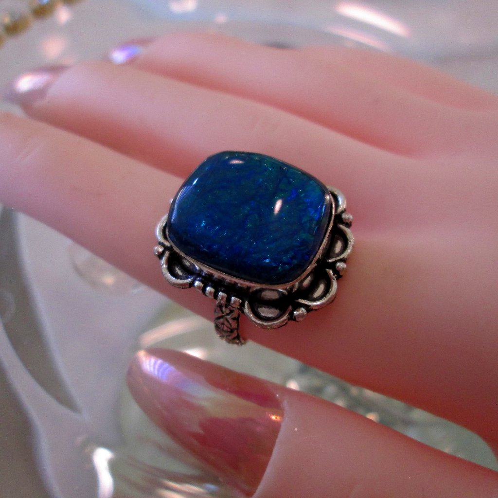 Opal Natural Blue Caution Cut Gemstone Ladies Unique 925 Silver Ring S 6
